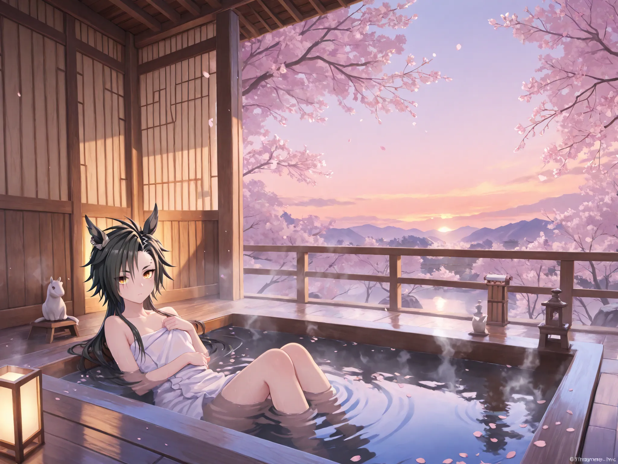 Air Shakur(uma musume), masterpiece, high quality, yabuki, small figure relaxing in an open-air hot spring, wide-angle view, vast and dramatic spring landscape in the background, vibrant pink and white cherry blossoms in full bloom, towering mountains, sof...