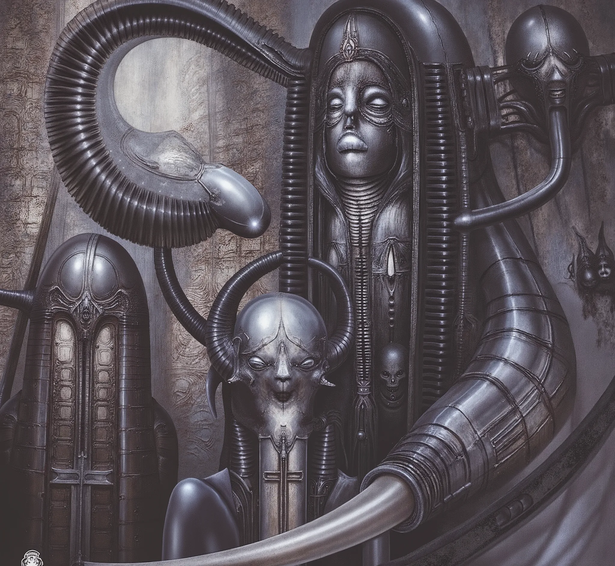 A bright and clear, biomechanical landscape filled with interwoven, elongated, organic and metallic forms, inspired by the surreal and nightmarish style of H.R. Giger. The scene is densely packed with tubular, serpentine structures that resemble a fusion ...
