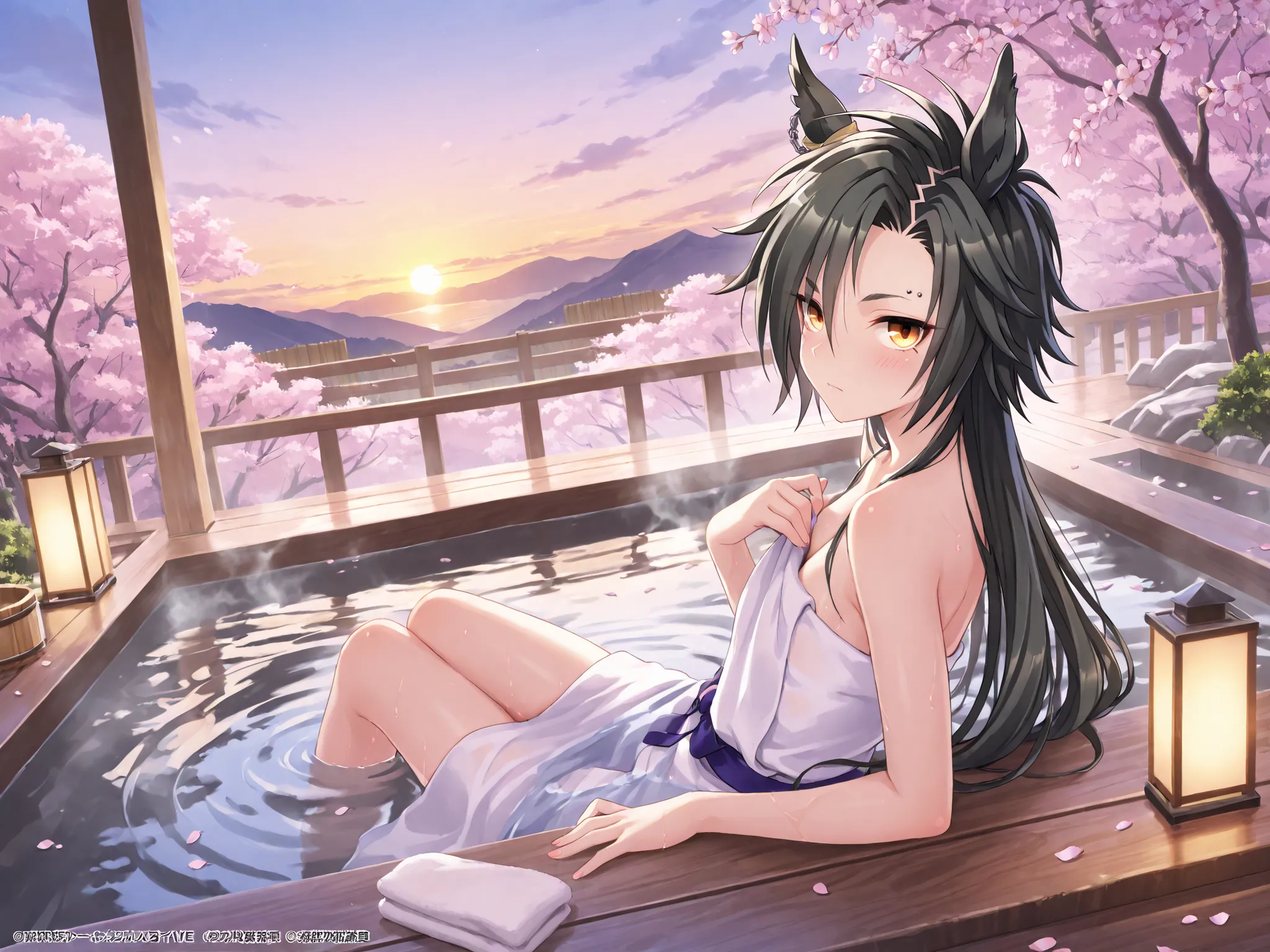 Air Shakur(uma musume), masterpiece, high quality, yabuki, small figure relaxing in an open-air hot spring, wide-angle view, vast and dramatic spring landscape in the background, vibrant pink and white cherry blossoms in full bloom, towering mountains, sof...