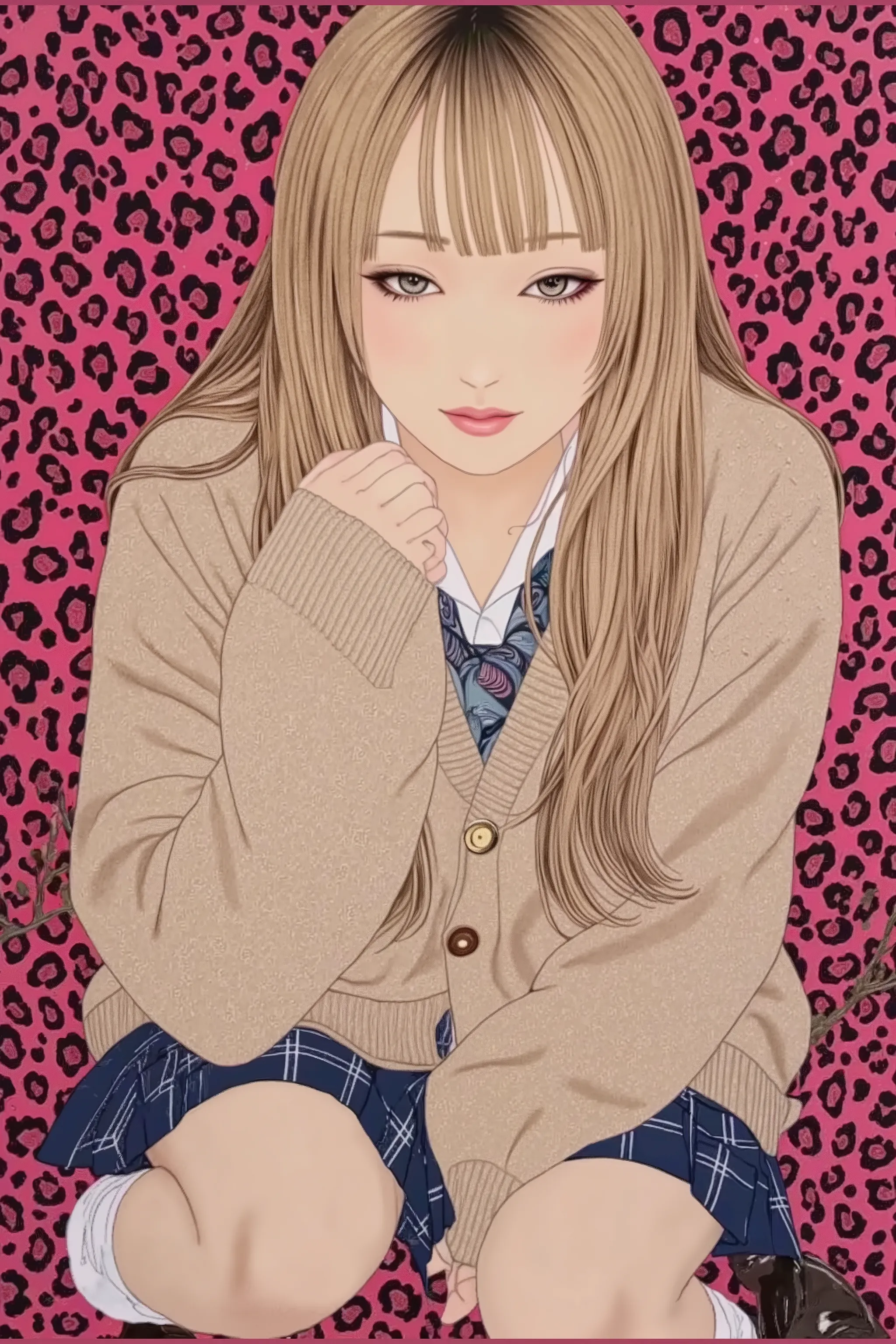 1 girl,fullbody,from above,sexy lip, Staring in viewer,pink blush,young girl,sitting ,pink leopard feminine background,(blonde hair), beautiful face ,seductive smile,(curvy,voluptuous,thighs),squat,asian beauty,gyaru woman , dynamic pose,sexy,Looking seduc...