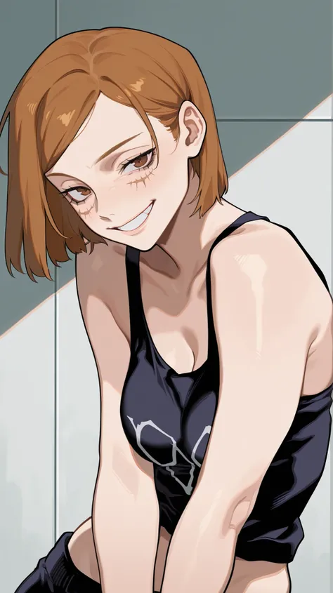 masterpiece, best quality, amazing quality, newest, very aesthetic, 1girl, Nobara Kugisaki \(jujutsu kaisen\),smile,looking at the viewer,tanktop,short,