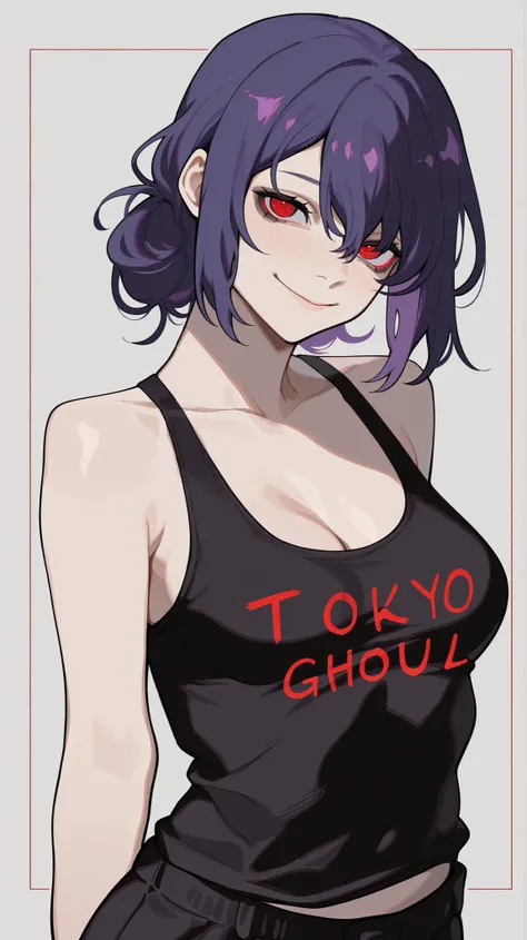 masterpiece, best quality, amazing quality, newest, very aesthetic, 1girl, Rize \(tokyo ghoul\),smile,looking at the viewer,tanktop,short,