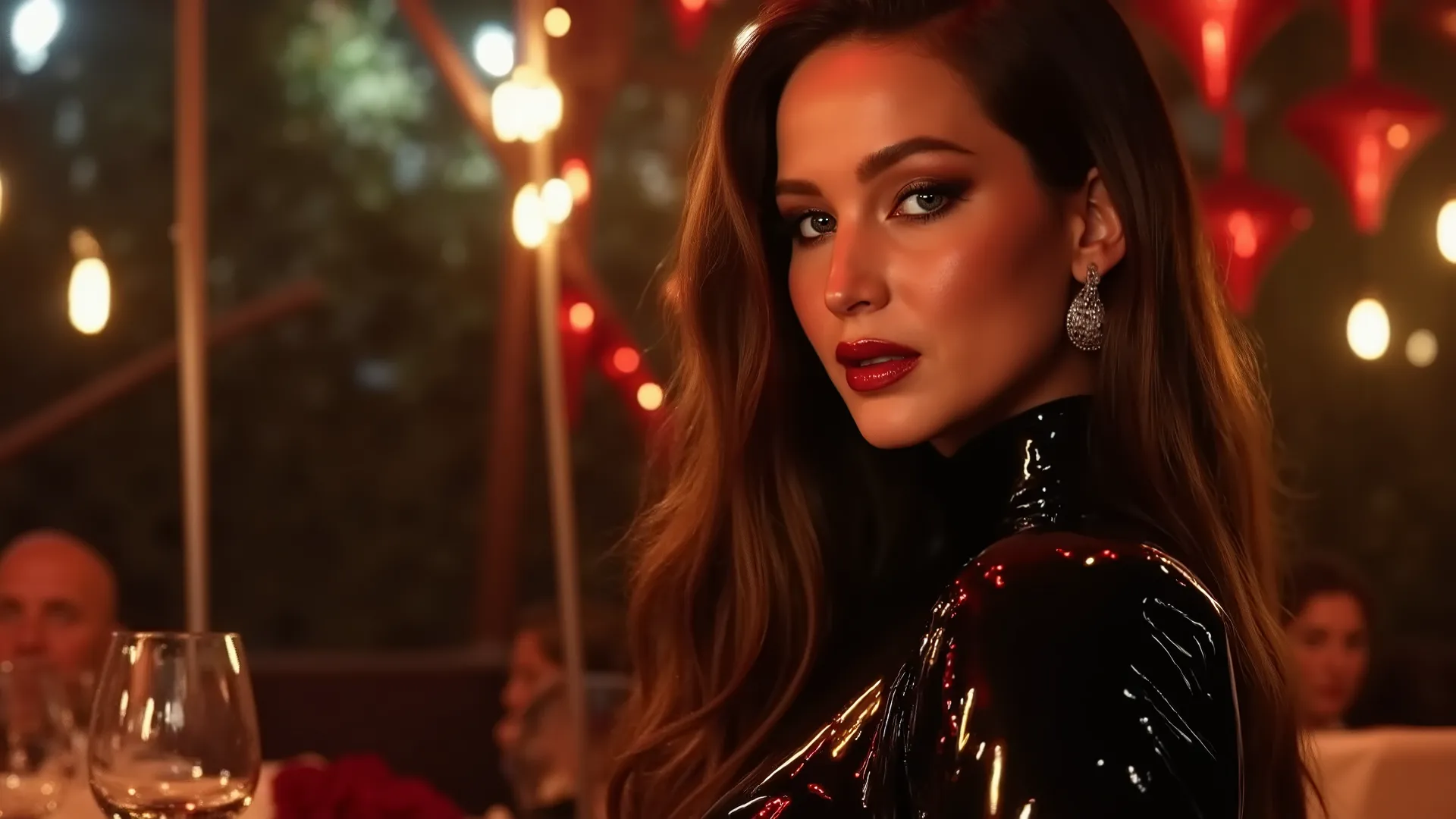 beautiful full body portrait, red lip gloss, latex catsuit, euphoria, brown hair, shiny lips, glossy lips, reflective lips, eye contact, on a dinner date