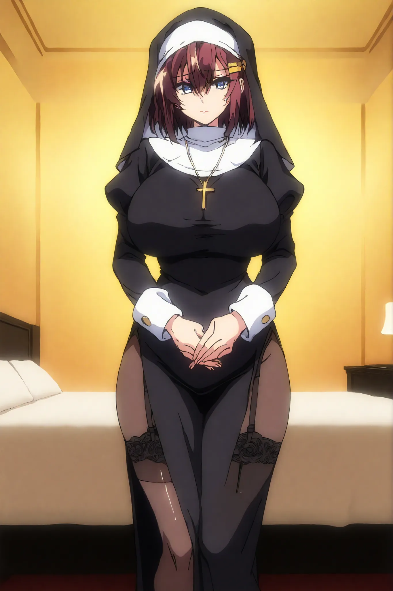 akane nanao (akane wa tsumare somerareru),1girl, reddish brown hair, short hair, hair between eyes, yellow hairclips, blue eyes, huge breasts,illustrioustrexxx,long sleeves, pantyhose, garter belt, long dress, puffy sleeves, turtleneck, nun, necklace, cros...