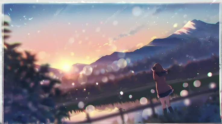 camera film texture、mirage、High Quality、4K、professional、Ultra High Definition、ultra-fine、HDR、bokeh、vivid colors、the sky dyed in the sunset、hazy mountain in the distance々