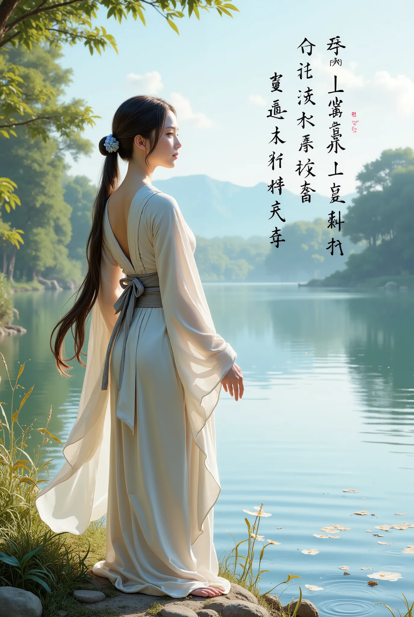 Creating Realistic Beauty Female At lake With Japanese Poetry written On sky