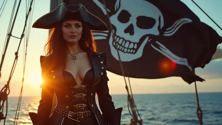 at dawn, a huge black pirate flag, decorated with a bright skull, flotte majestueusement dans une brise marine. A female pirate, mine et élancée avec des cheveux noirs, stands proudly on the deck of a ship, son regard déterminé captivant tous les regards. ...