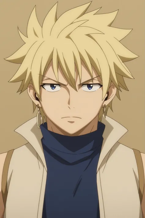StingFT, looking at viewer, (((messy fringe, soft bangs falling over forehead, hair down))) sting eucliffe-1male focus, blonde_sting eucliffe_hair, brown_sting eucliffe_single scar, blue_sting eucliffe_eyes, light yellow_sting eucliffe_single earring, male...