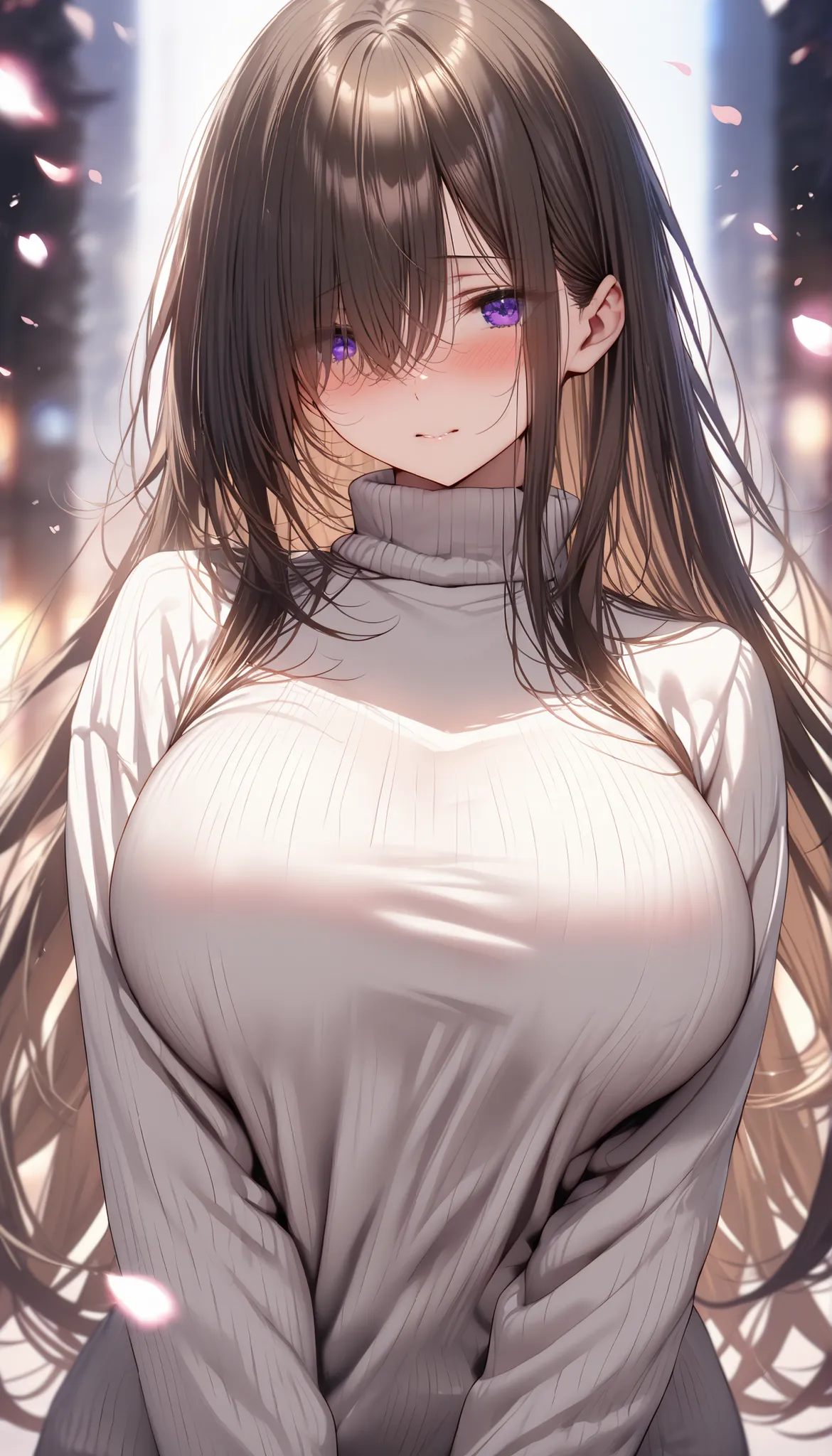 (masterpiece, Highest quality:1.2), (1girl), alone, ((long hair)), bangs ,((dark brown hair)), (straight hair), ((hair over face)), (hair over one eye), (hair over right eye), high detail, bloom, ((detailed face)), (beautiful effects), (((white Sweater hi...