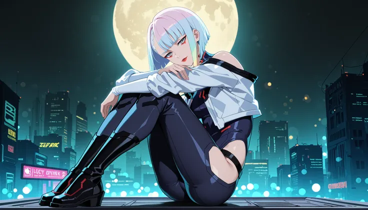  Lucy walks around town  \(Cyberpunk\), Looking for an audience , 1girl, hime haircut , Silver hair,  colored tips , full moon, beautiful waist,  sits sideways to the viewer,  on the edge of the roof , tight black pants,  wraps her arms around her knees , ...