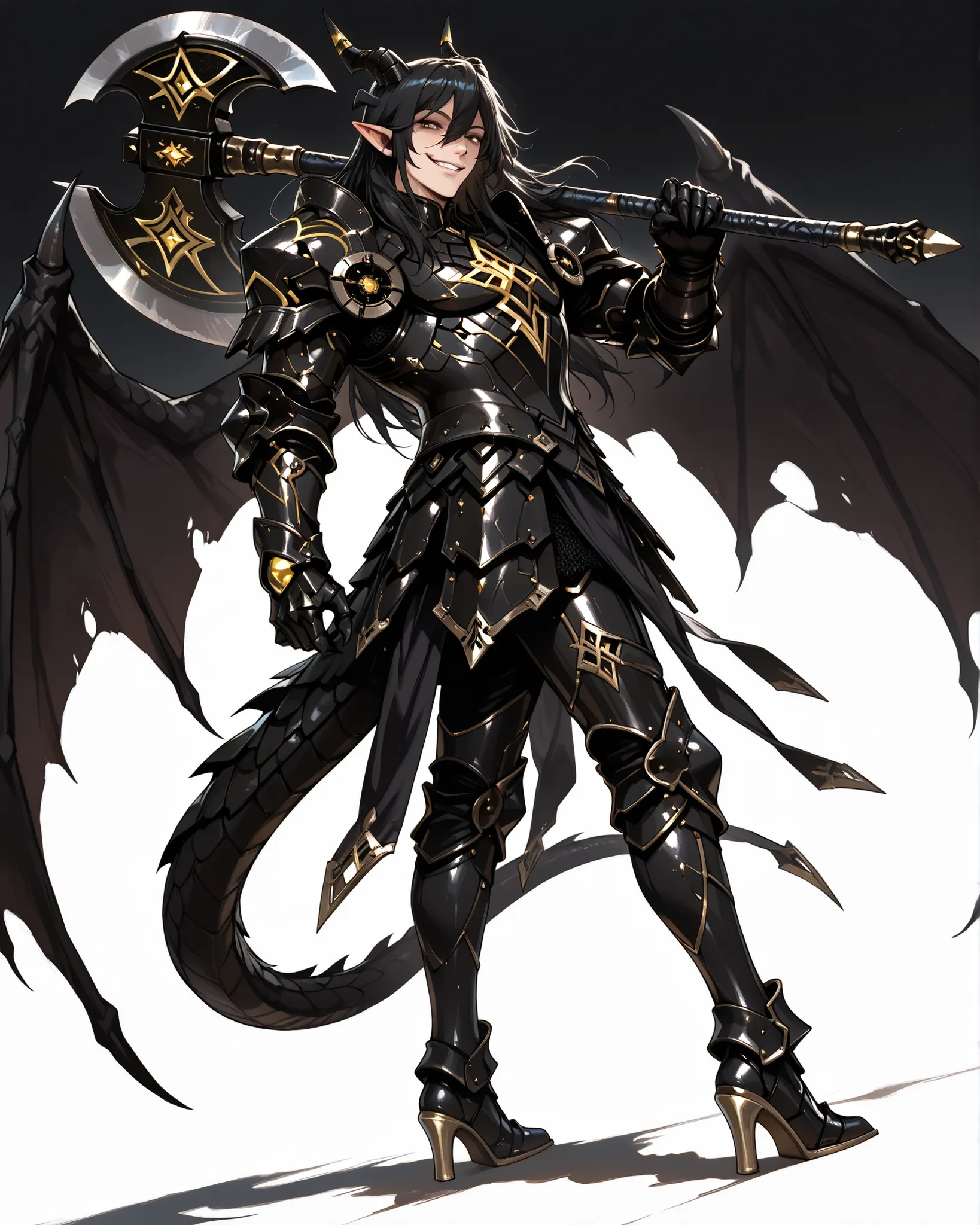 score_9, absurdres, (masterpiece, best quality: 1. 5), highres, 8K wallpaper, CG, (((Anime))), (1 male), solo, lean body, (masculine), (floating in the air), weredragon, japanese anime style, glossy black, shiny black leather, ((beautiful golden eyes, fine...