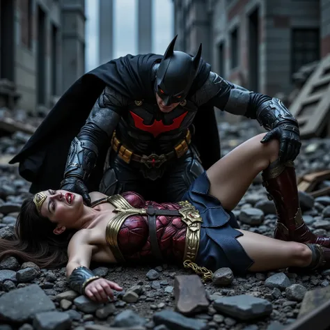 Wonder woman is laying down flat on the ruin, she is defeated from fighting, nervous, painful, eyes close, Batman is bending over her body, his eyes is red, red light on his eyes, his hand grab her neck, another hand touch her leg, whole body visible from ...