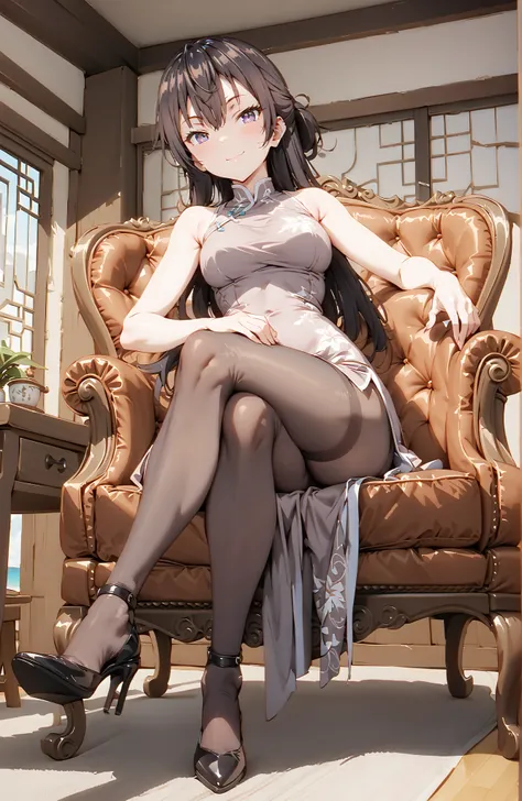 score_9, score_8_up, score_7_up, source_anime,  yuki suou, solo,long hair, bungs, brown hair, black hair,  o, Medium breast,Purple Eyes, half updo,Purple Chinese Dress,sleeveless at the beach,Side Long Slit,pin heels,pantyhose on pool background,Seated in ...