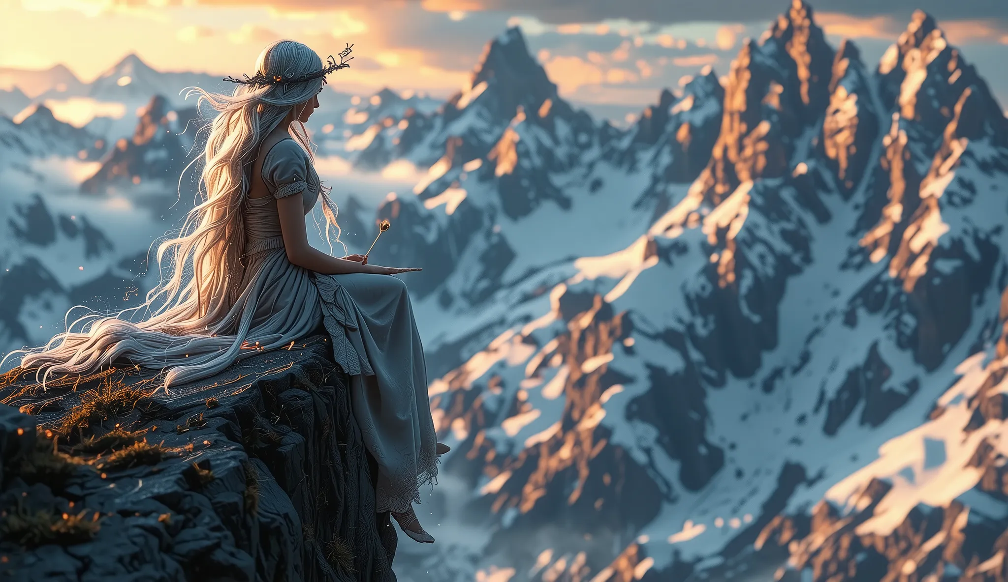 Mysterious scene depicting a silhouette with long white hair scattered, She's sitting on the edge of a rocky cliff. She's staring at something huge, {{x}}. In the background, Majestic snow-capped mountains add a transcendental atmosphere. The overall atmos...
