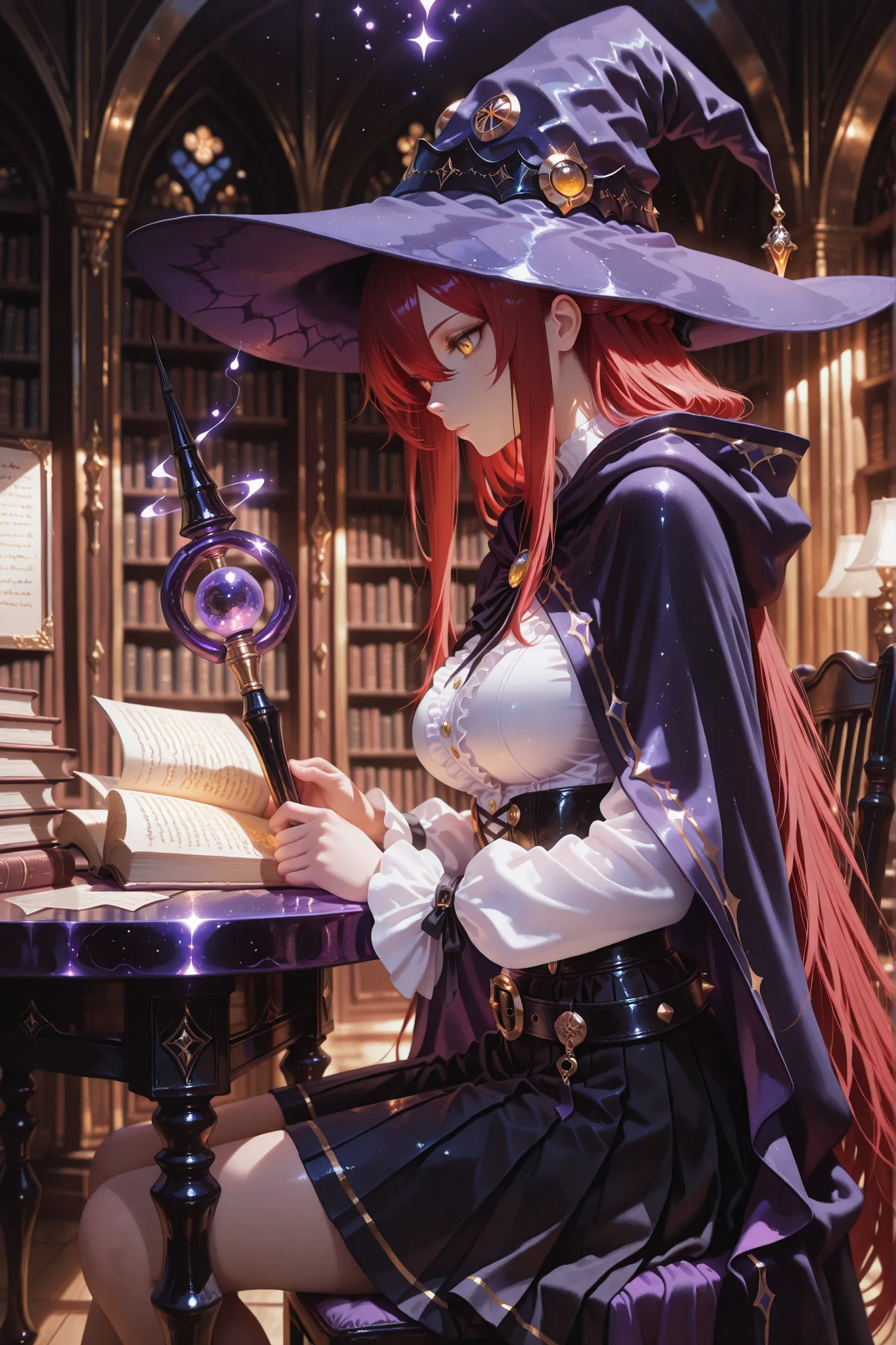 An old, large magic book with a thick, decorated cover lies open on a large table full of scrolls, magical individual pages, yellowed pages, individual letters glow in the book, individual glowing letters float out of the book, magical circles float around...