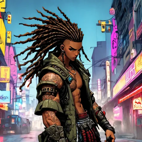 CG K Ultrarealistic, ((premium、8k、32K、masterpiece:1.3)), (superfine illustration)、(super high resolution), ((( body))), (((1 man in))), ((( short dreadlocks ))), ((cyberpunk gladiator with perfect body cammo jacket, with spikes:1.6)), shoulder pads with me...
