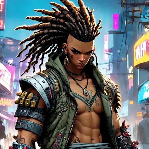 CG K Ultrarealistic, ((premium、8k、32K、masterpiece:1.3)), (superfine illustration)、(super high resolution), ((( body))), (((1 man in))), ((( short dreadlocks ))), ((cyberpunk gladiator with perfect body cammo jacket, with spikes:1.6)), shoulder pads with me...