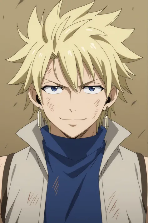 StingFT, looking at viewer, (((messy fringe, soft bangs falling over forehead, hair down))) sting eucliffe-1male focus, blonde_sting eucliffe_hair, brown_sting eucliffe_single scar, blue_sting eucliffe_eyes, light yellow_sting eucliffe_single earring, male...