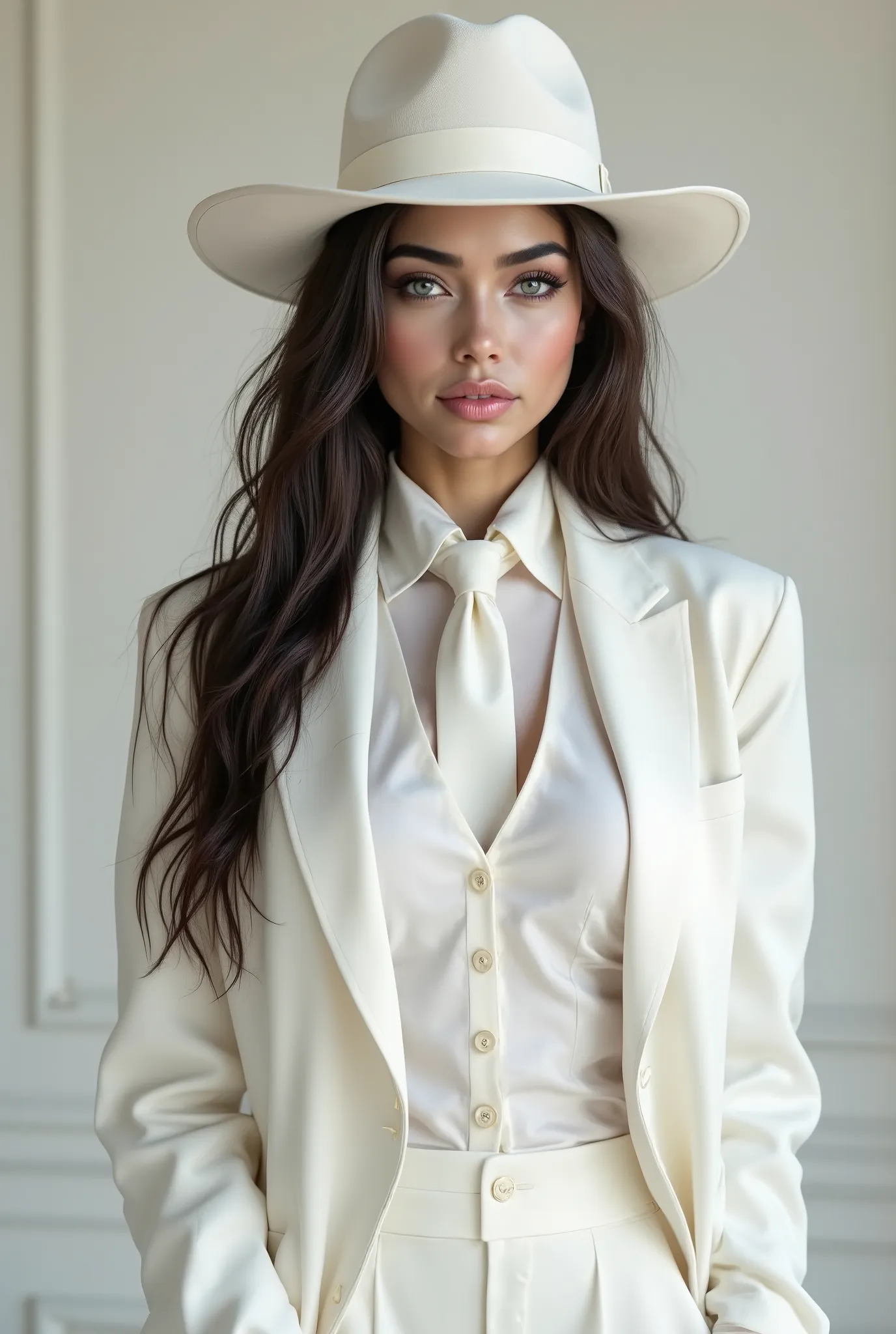  photorealistic, woman with long hair wearing a white satin blouse with a white neck tie, paired with a white vest and white blazer, white wide brim hat, white pantalon, female dandy