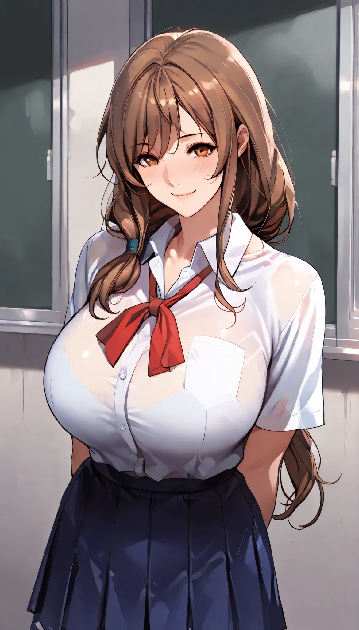 Modern Backgrounds,A female with slim body(older girl),huge oppai,shiny skin,(Wearing A loose JK skirt),(Loose school uniform)(See-through),((Arms behind back)),In School,(Brown hair,low-tied long hair),light smile,slightly tilted forward,UHD, SOLO, anatom...