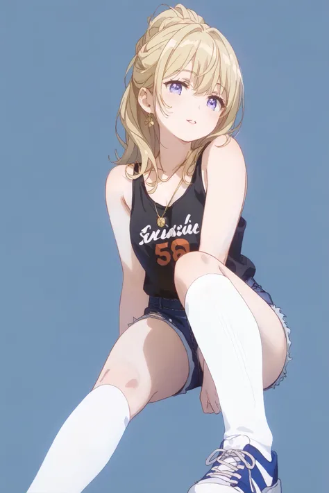Beautiful Girl、 Gold、white high socks、ribbed high socks、Pure white socks、denim shorts、tank top、basketball shoes in shootform、full body shot、pendant、masterpiece、Highest Quality、realistic、beautiful skin、Delicate Expression、Calm Look、natural posture、fine text...
