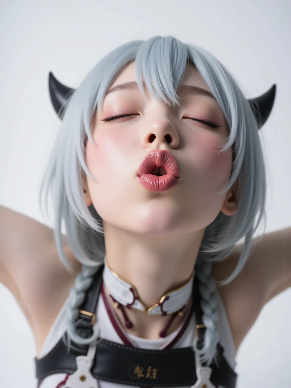 Hatsune Suokisu，open your arms，with eyes closed，Pursed lips，D850 + 105mm long range lens，bright tone commercial setup，POV perspective ，Character Close-up，F16 small aperture full clarity，Studio mixing hard light with soft light，white background，clean background