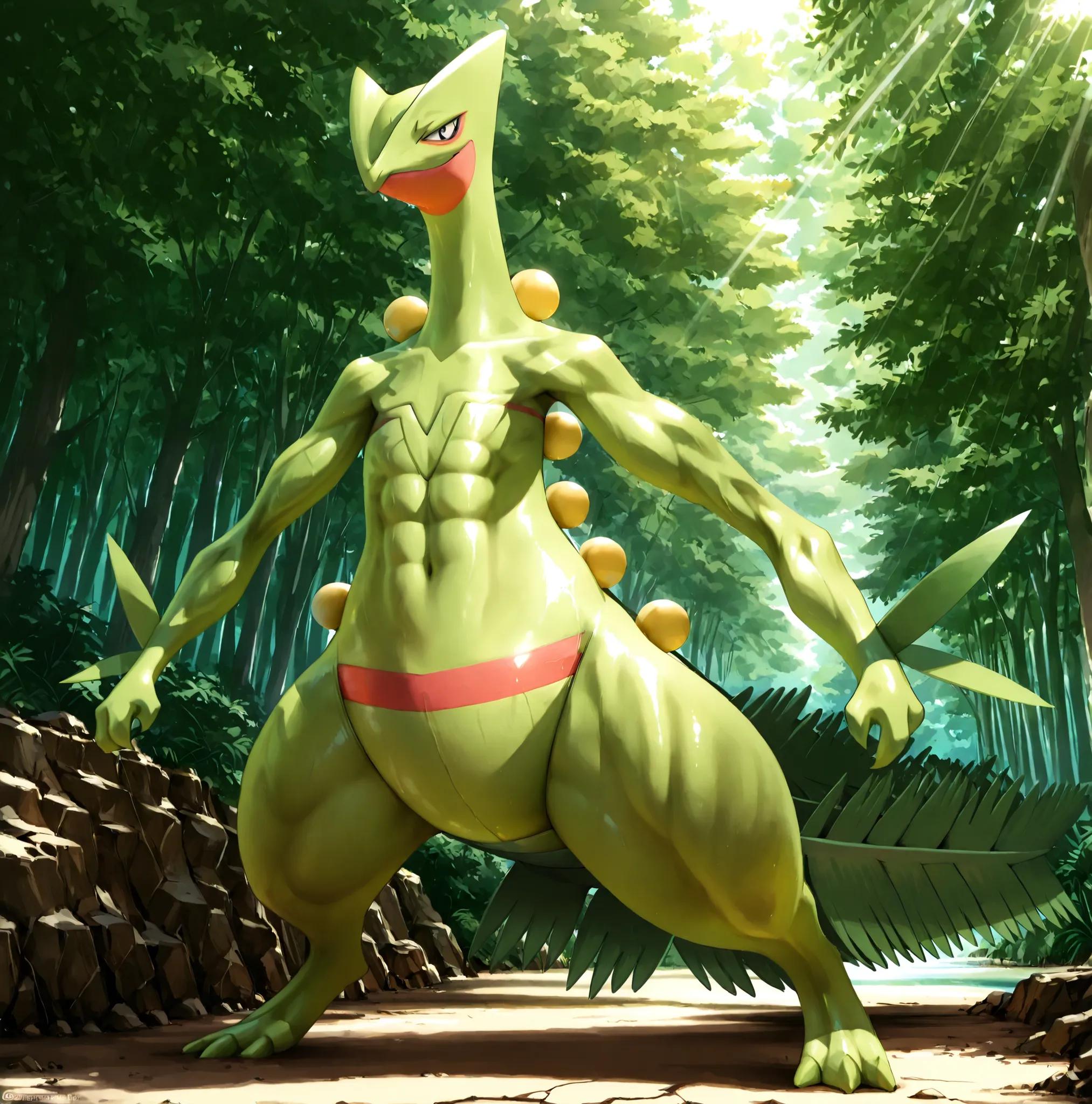 solo, full body, from front, standing, BREAK Sceptile(Pokémon), Pokémon(creature), BREAK big eyes, slant eyes, black eyes, looking at viewer, smile, BREAK (Toned body), Huge and strong body of overwhelming muscularity, Hyper Giant muscles, Very thick arms ...