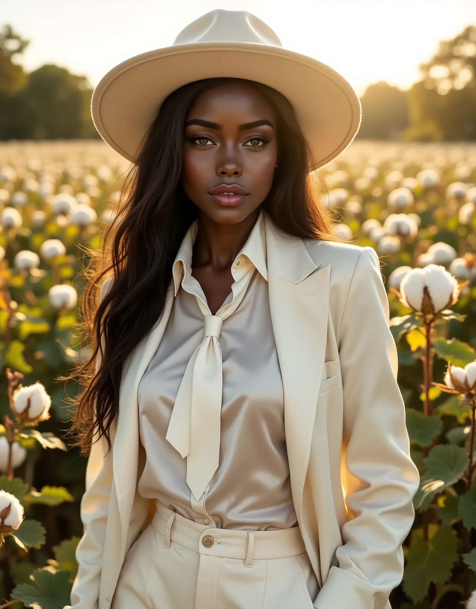  photorealistic, woman with olive brown skin and long hair wearing a white satin blouse with a white neck tie, paired with a white vest and white blazer, white wide brim hat, white pantalon, female dandy, standing in a deep south cotton field, sunshine, su...
