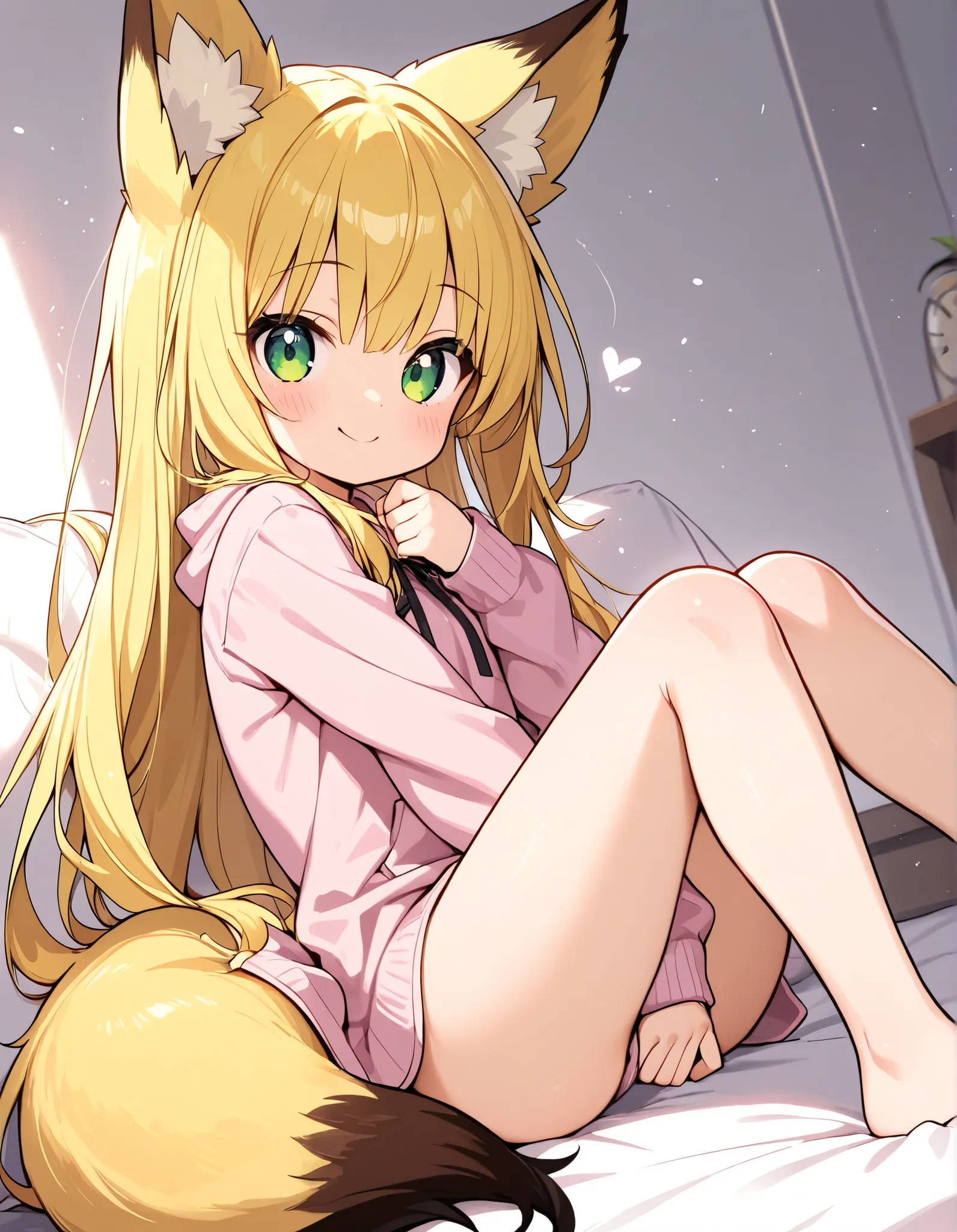 one girl, fox ears,fox tail,yellow long hair,cute,masterpiece,Highest Quality,best smiles,