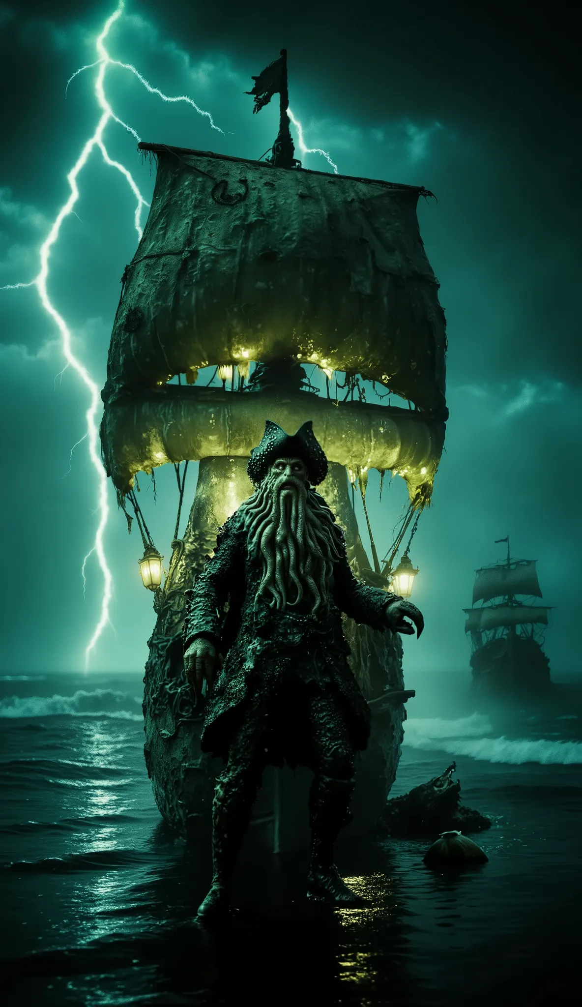 (best quality, 128k,highres,masterpiece:1.2),ultra-detailed,(realistic,photorealistic,photo-realistic:1.37), ((masterpiece)) ((photography)) ((Highest quality)) Ultra-detailed cinematic illustration of a ghostly pirate ship sailing through a stormy ocean a...