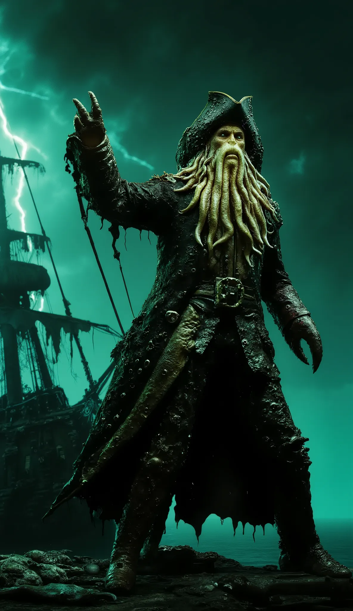 (best quality, 128k,highres,masterpiece:1.2),ultra-detailed,(realistic,photorealistic,photo-realistic:1.37), ((masterpiece)) ((photography)) ((Highest quality)) Ultra-detailed cinematic illustration of a ghostly pirate ship sailing through a stormy ocean a...