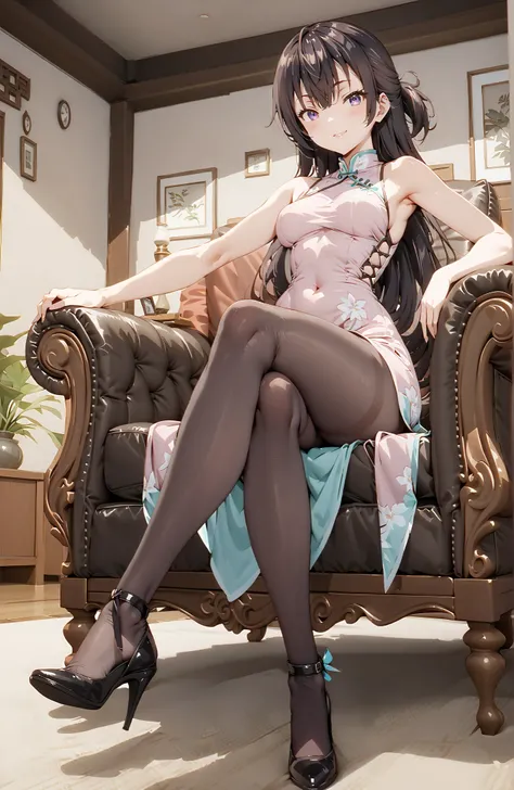 score_9, score_8_up, score_7_up, source_anime,  yuki suou, solo,long hair, bungs, brown hair, black hair,  o, Medium breast,Purple Eyes, half updo,Purple Chinese Dress,sleeveless at the beach,Side Long Slit,pin heels,pantyhose on pool background,Seated in ...