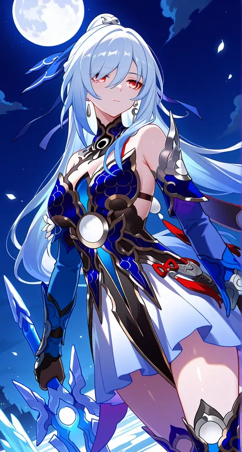 masterpiece,best quality,highres,ultra-detailed,Jingliu,alternate color,masterpiece,detailed illustration,lifelike,face,Jingliu（Honkai: Star Rail）,shiny beautiful woman,moon light lighting,dynamic angle,1girl,red eyes,dark sky,dark,night,dark night,darknig...