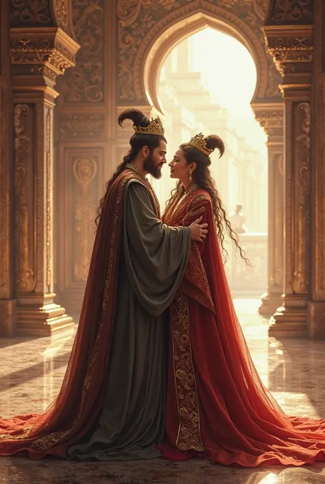 Draw the two oriental kings embracing each other in a large hall of the palace, with the atmosphere of concern and comfort.