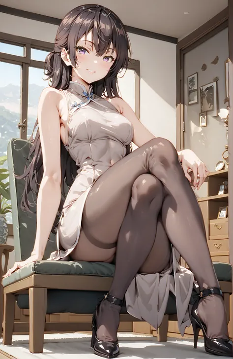 score_9, score_8_up, score_7_up, source_anime,  yuki suou, solo,long hair, bungs, brown hair, black hair,  o, Medium breast,Purple Eyes, half updo,Purple Chinese Dress,sleeveless at the beach,Side Long Slit,pin heels,pantyhose on pool background,Seated in ...