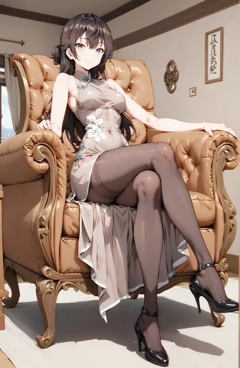 score_9, score_8_up, score_7_up, source_anime,  yuki suou, solo,long hair, bungs, brown hair, black hair,  o, Medium breast,Purple Eyes, half updo,Purple Chinese Dress,sleeveless at the beach,Side Long Slit,pin heels,pantyhose on pool background,Seated in ...
