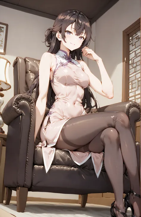 score_9, score_8_up, score_7_up, source_anime,  yuki suou, solo,long hair, bungs, brown hair, black hair,  o, Medium breast,Purple Eyes, half updo,Purple Chinese Dress,sleeveless at the beach,Side Long Slit,pin heels,pantyhose on pool background,Seated in ...