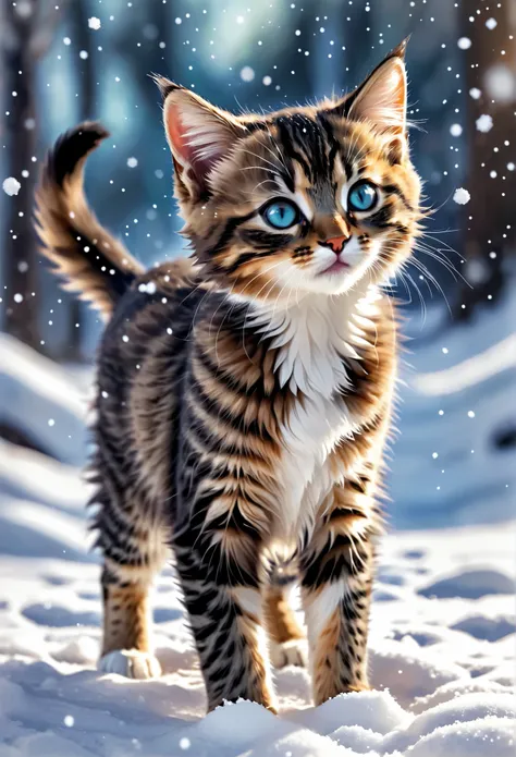  Cute Kitten Playing in the Snow , look up, fine hair texture, perfect eye side by side, magic art,  soft pallet,  Digital Art , Fantasy Clothes, magic, realistic, fantasy, gentle color,   Transparency, paint, watercolor, (is blurry:0.7)