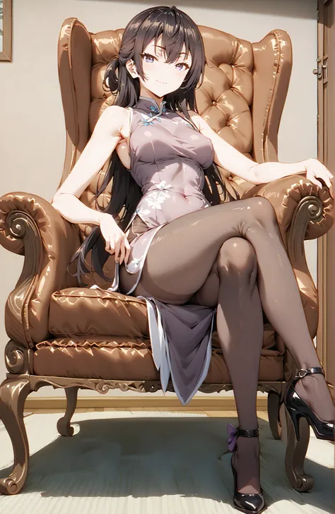 score_9, score_8_up, score_7_up, source_anime,  yuki suou, solo,long hair, bungs, brown hair, black hair,  o, Medium breast,Purple Eyes, half updo,Purple Chinese Dress,sleeveless at the beach,Side Long Slit,pin heels,pantyhose on pool background,Seated in ...