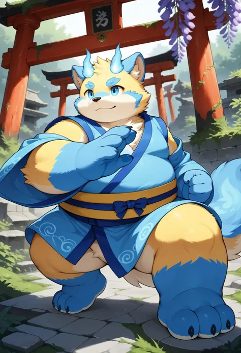 A fanqiuhu in a kimono at a ancient psionic shrine, (Psionic magical energy:1.2) flowing between shrine and figure, ,(battle-ready:1.2),(powerful stance:1.3), Stone wheel torii overgrown shrine wisteria and (futuristic ruins:1.2),furry,botailang,solo,blue...