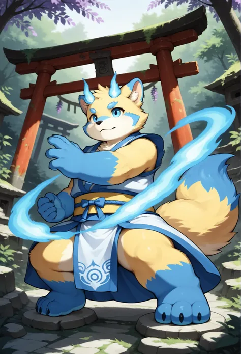 A fanqiuhu in a kimono at a ancient psionic shrine, (Psionic magical energy:1.2) flowing between shrine and figure, ,(battle-ready:1.2),(powerful stance:1.3), Stone wheel torii overgrown shrine wisteria and (futuristic ruins:1.2),furry,botailang,solo,blue...