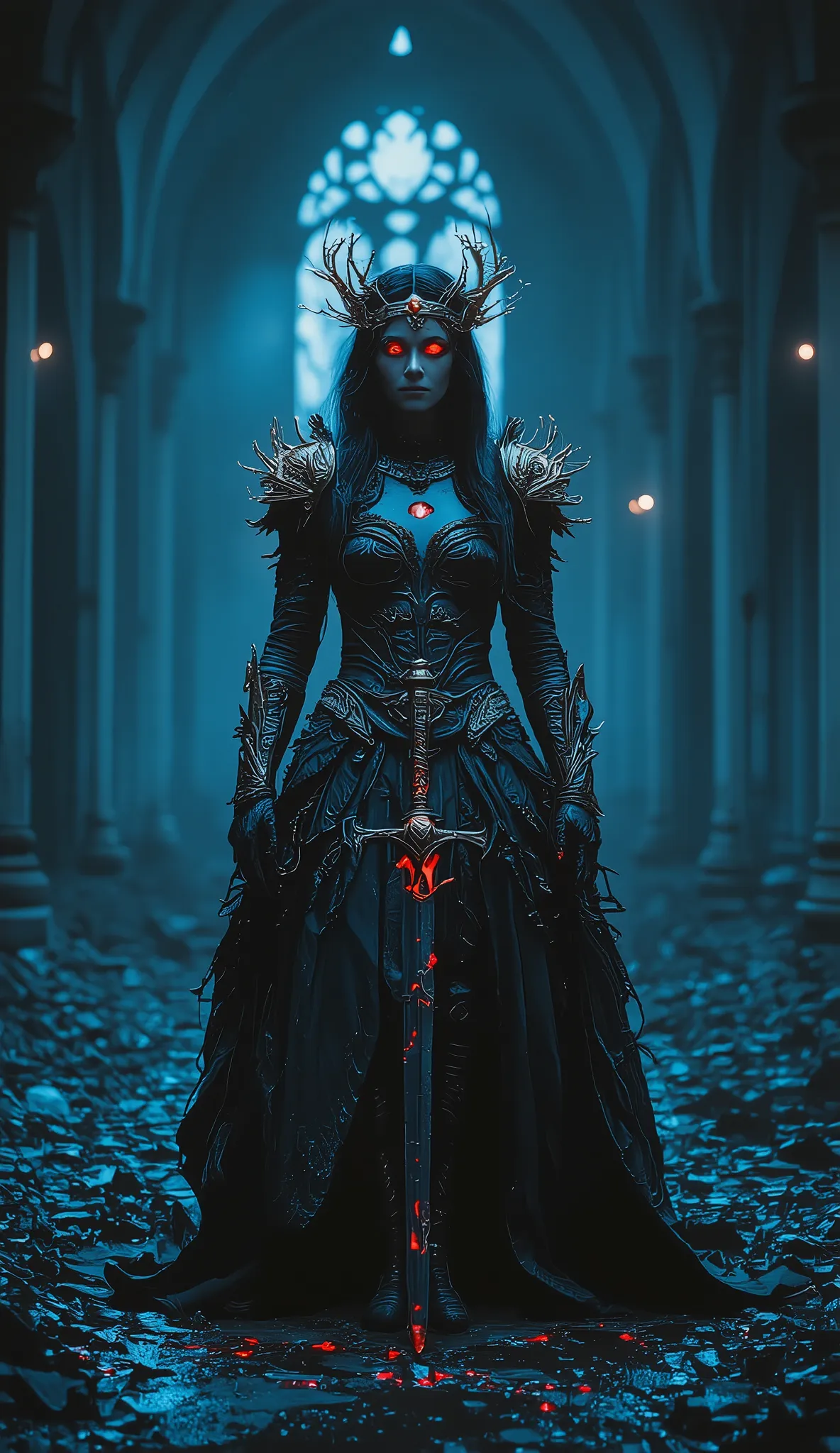 (best quality, 128k,highres,masterpiece:1.2),ultra-detailed,(realistic,photorealistic,photo-realistic:1.37), ((masterpiece)) ((photography)) ((Highest quality)) A dark gothic warrior queen standing inside a ruined cathedral, her black armor made of thorny ...