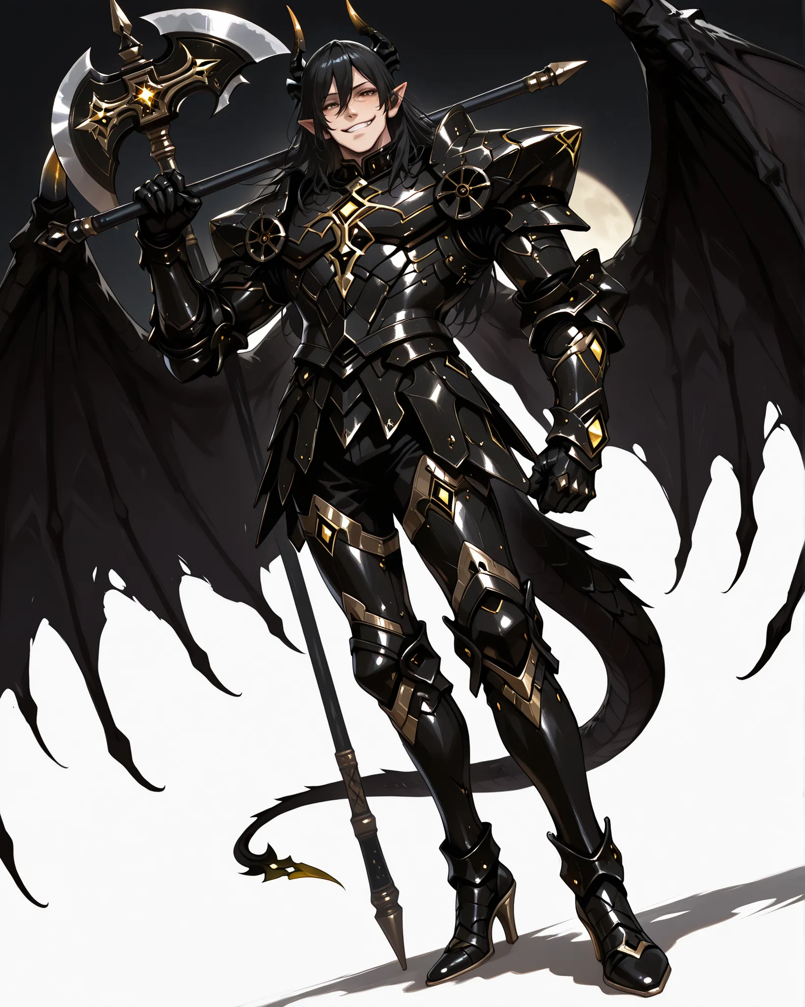 score_9, absurdres, (masterpiece, best quality: 1. 5), highres, 8K wallpaper, CG, (((Anime))), (1 male), solo, lean body, (masculine), (floating in the air), weredragon, japanese anime style, glossy black, shiny black leather, ((beautiful golden eyes, fine...