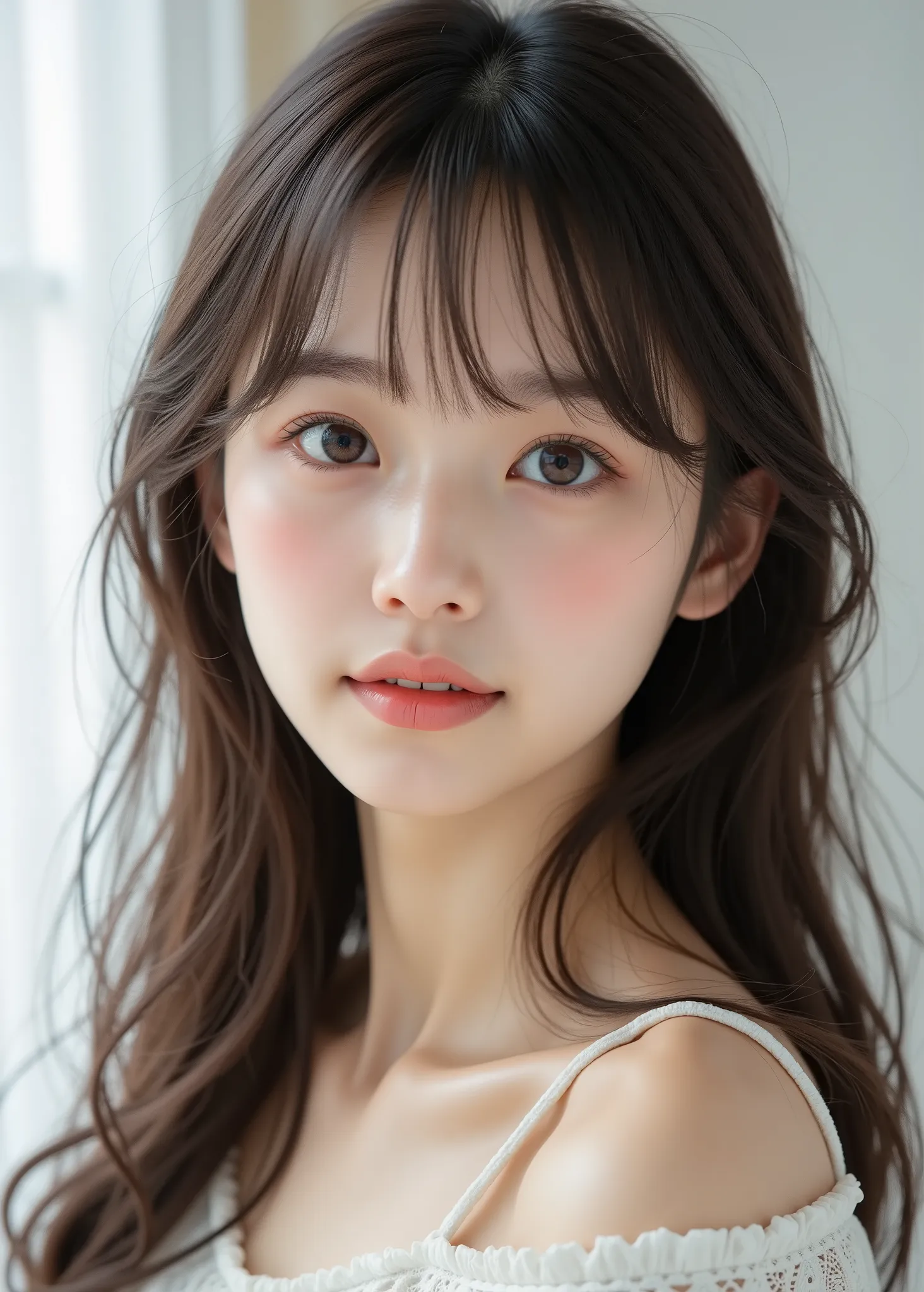 high resolution,photorealistic looking at it from your feet,High Quality,studio lighting,Advanced Physics Based Rendering,vivid colors, bokeh effect similar to ,Japanese woman in her 20s,: , Weight 46kg ,cute、(face from chin to head、Front up photo of:2.0)...