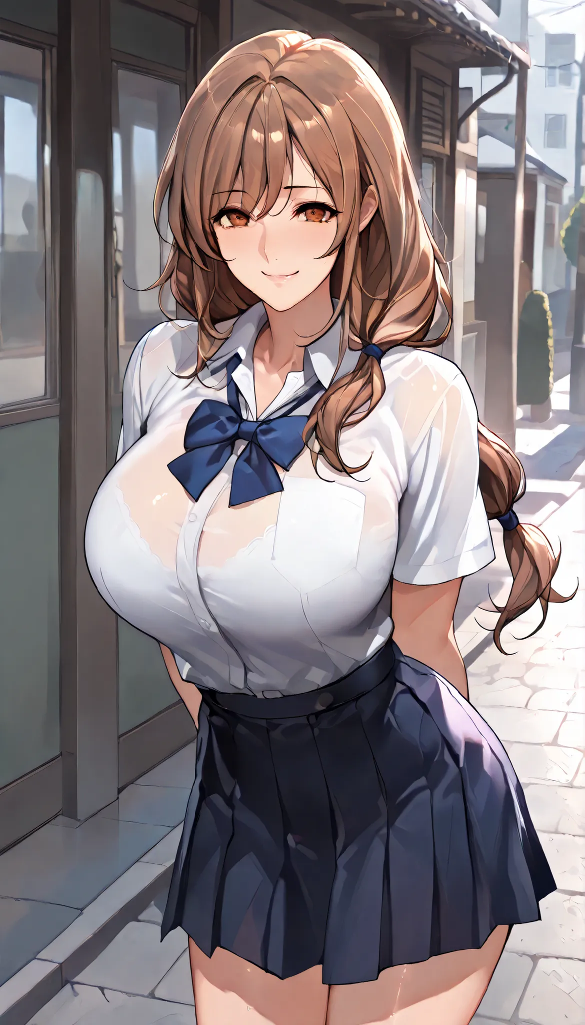Modern Backgrounds,A female with slim body(older girl),huge oppai,shiny skin,(Wearing A loose JK skirt),(Loose school uniform)(See-through),((Arms behind back)),On the street in a residential area,(Brown hair,low-tied long hair),light smile,slightly tilted...
