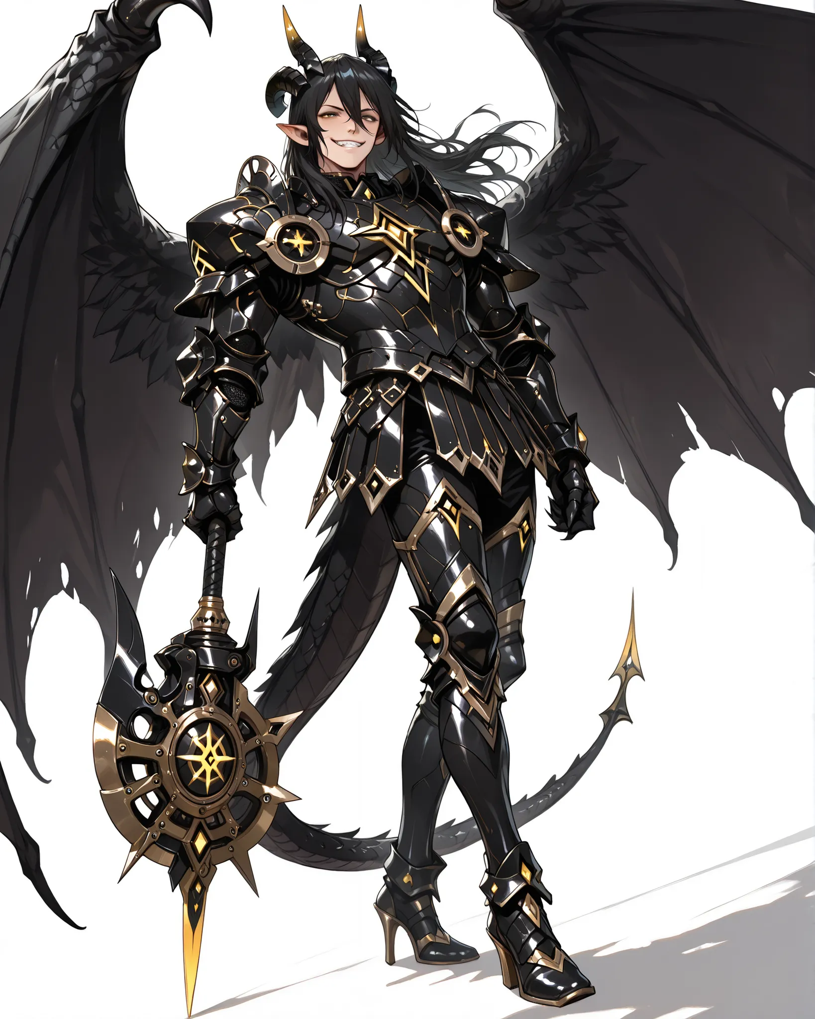 score_9, absurdres, (masterpiece, best quality: 1. 5), highres, 8K wallpaper, CG, (((Anime))), (1 male), solo, lean body, (masculine), (floating in the air), weredragon, japanese anime style, glossy black, shiny black leather, ((beautiful golden eyes, fine...