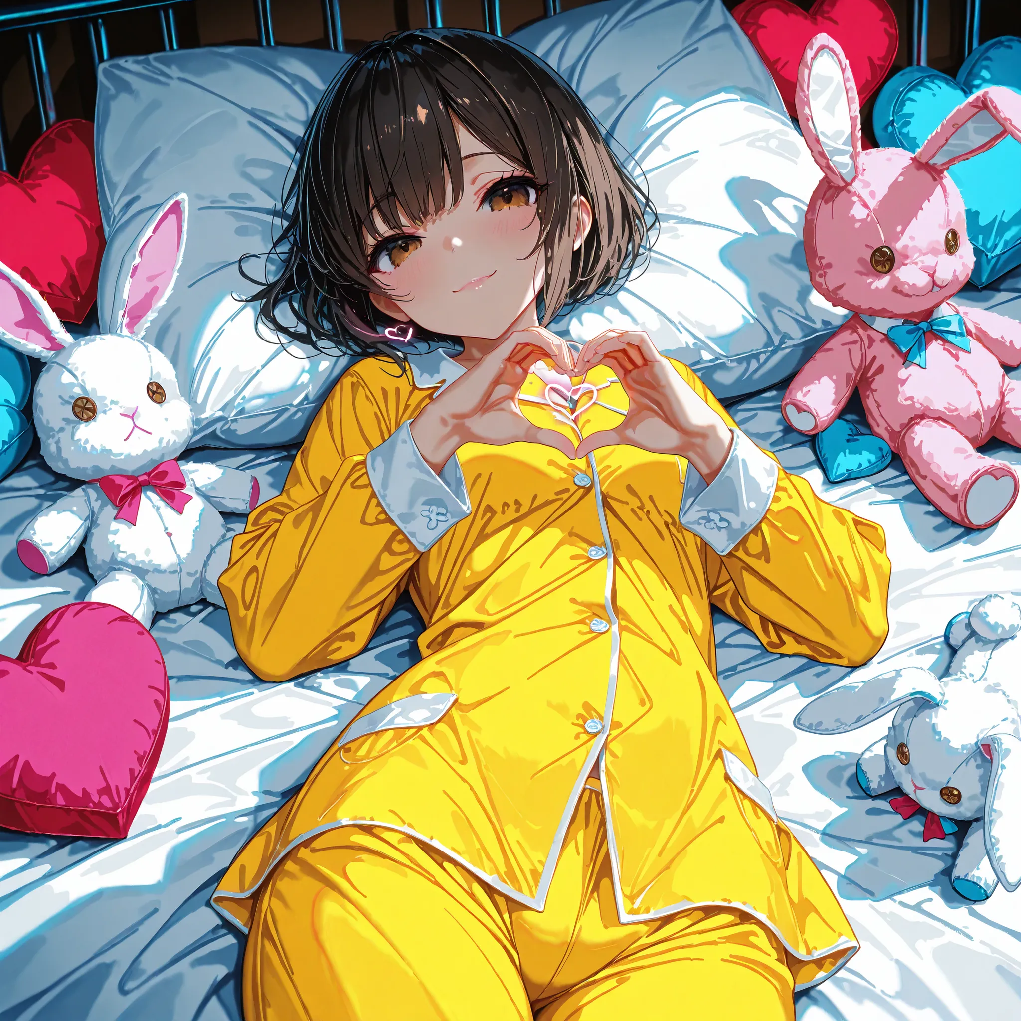 Masterpiece, top quality, absurd, high resolution, cinematic composition, ultra detailed, high quality,Perfect anatomical structure ,1girl,(cowboy shot),heart hands,Stuffed white rabbit toy,on back on the bed,yellow pajamas, seductive smile,brown eyes,bob ...