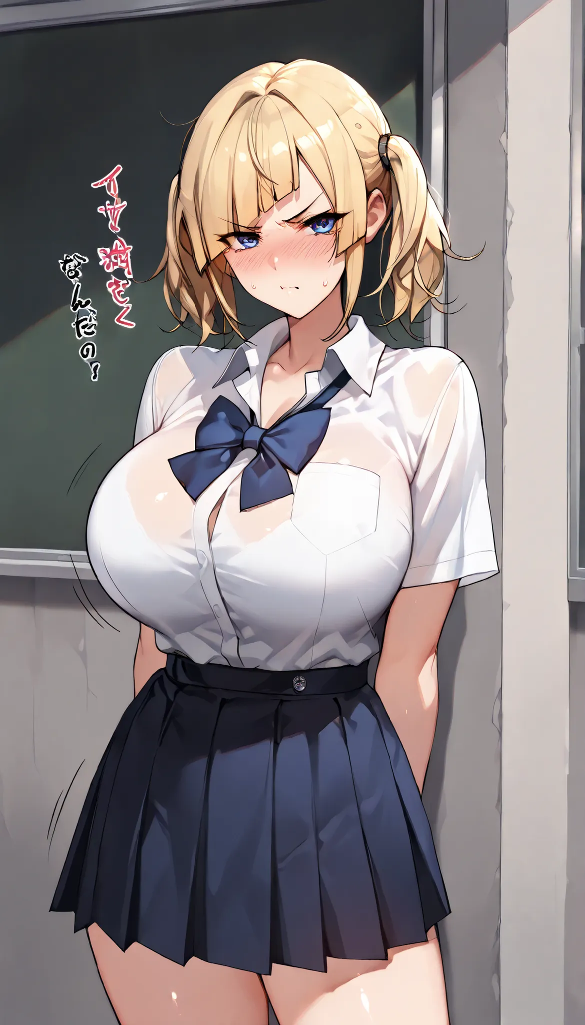 Modern Backgrounds,A female with slim body(older girl),blue eyes,huge oppai,shiny skin,(Wearing A loose JK skirt),(Loose school uniform)(See-through),On the street in The school,(blonde short hair, twintails, diagonal bangs), Chest compression,Cross arms,(...