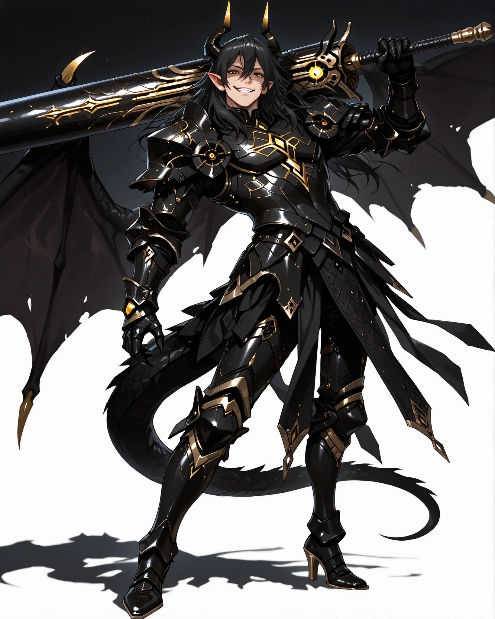 score_9, absurdres, (masterpiece, best quality: 1. 5), highres, 8K wallpaper, CG, (((Anime))), (1 male), solo, lean body, (masculine), (floating in the air), weredragon, japanese anime style, glossy black, shiny black leather, ((beautiful golden eyes, fine...