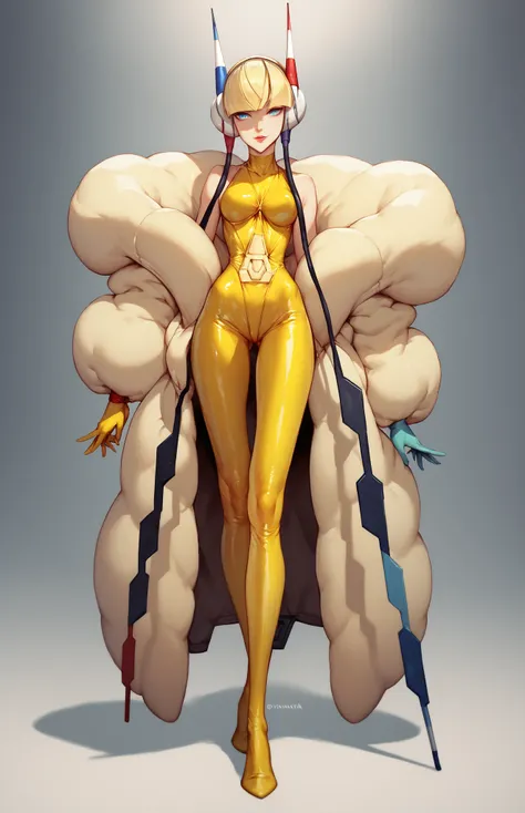 Elesa stand with use yellow latex ful body suit, full body view
